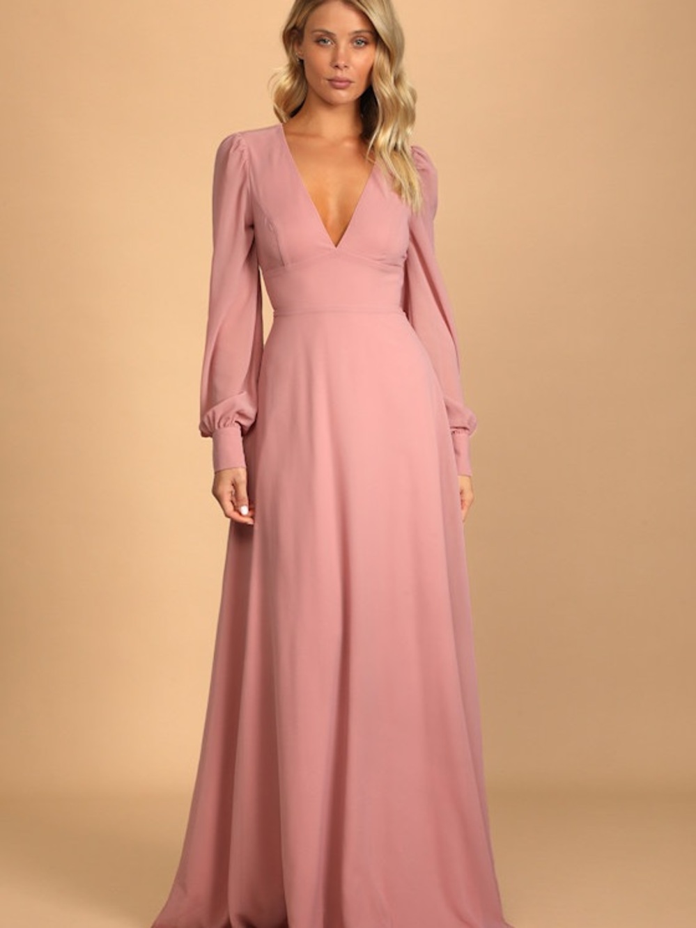 Lulus Elegant V-Neck Long Sleeve Backless Maxi Dress in Dusty Rose NWT